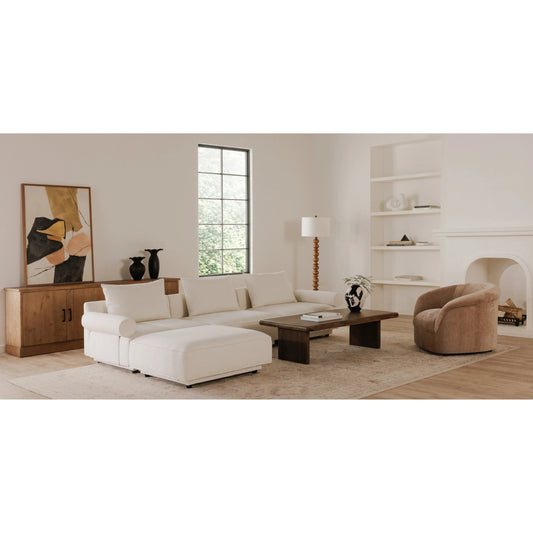 Rosello Ottoman by Moe's Home Collection in white. Made from upholstery: 30% recycled polyester, 70% polyester, plywood frame, foam, fiber seat in a transitional style.