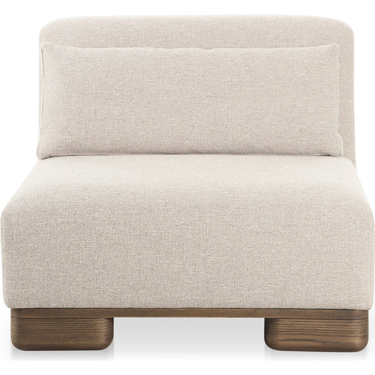 001 SI-2368123 | Primary Silo | June Slipper Chair by Moe's Home Collection in oatmeal. Made from upholstery: 72% polyester, 28% acrylic, oak veneer base, foam, feather, fiber fill, solid wood, plywood frame in a transitional style.