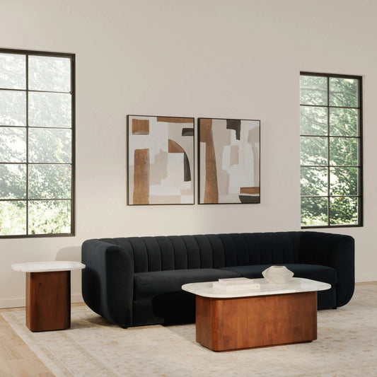 Rosy Sofa by Moe's Home Collection in blue. Made from 100% polyester, plywood frame, foam, fiber seat in a transitional style.