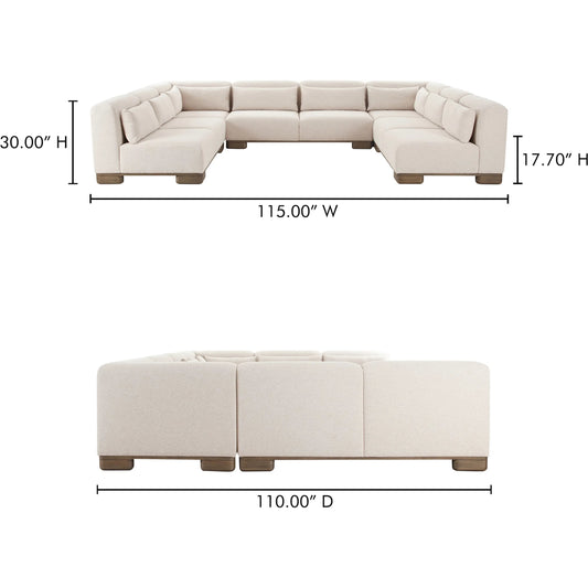 June U Shaped Modular Sectional by Moe's Home Collection in oatmeal. Made from upholstery: 72% polyester, 28% acrylic, oak veneer base, foam, feather, fiber fill, solid wood, plywood frame in a transitional style.