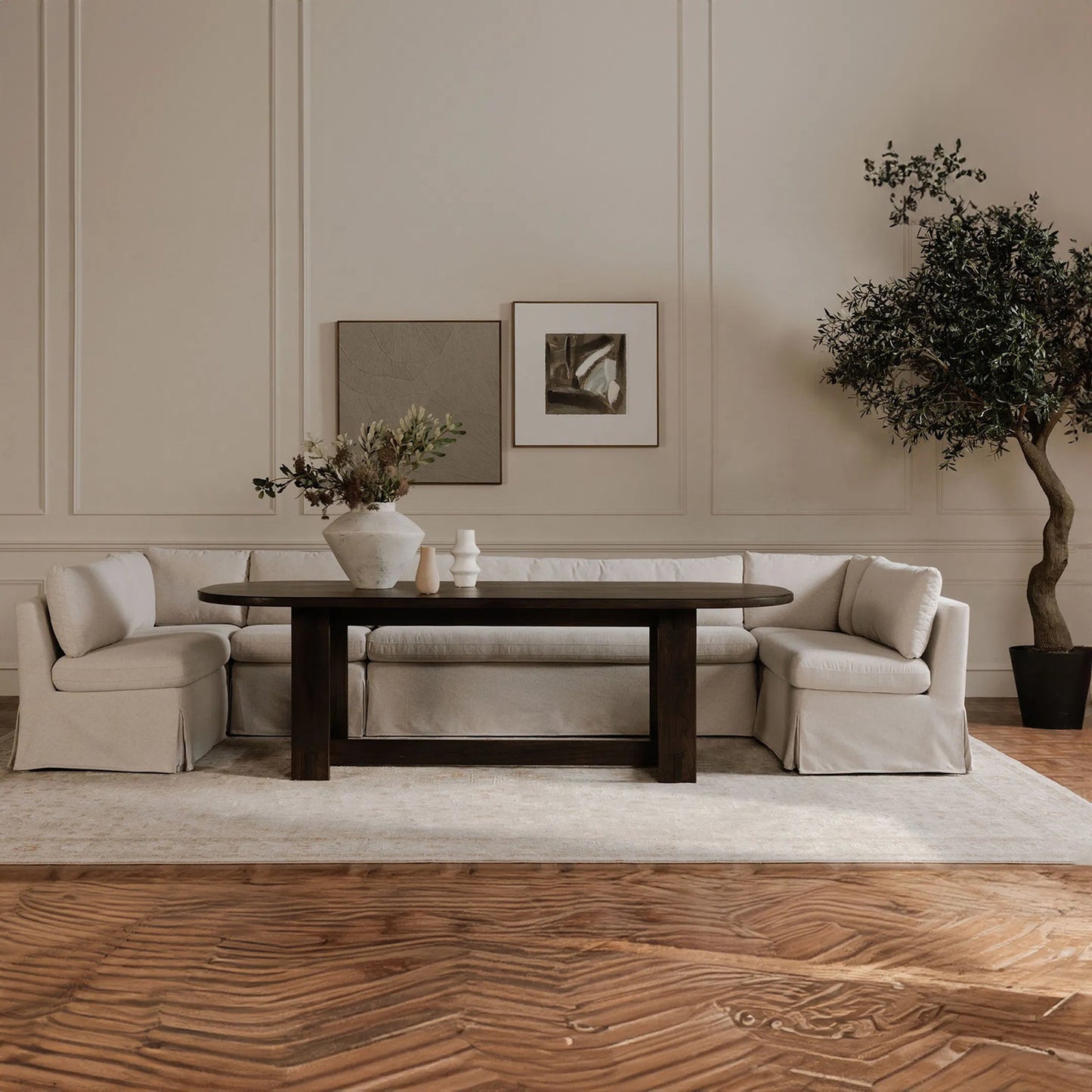 008 SI-2368025 | Lifestyle | Fable Slipcover Dining Chair and Half by Moe's Home Collection in beige. Made from upholstery: 100% polyester, foam, plywood in a transitional style.