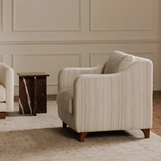 Hewitt Accent Chair Stripe by Moe's Home Collection in beige stripe. Made from upholstery: 100% polyester, birch wood leg, foam, fiber seat, plywood frame in a transitional style.