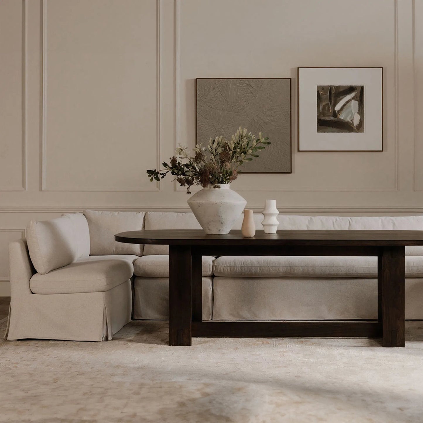 009 SI-2368016 | Lifestyle | Fable Slipcover Dining Banquette L Shape by Moe's Home Collection in beige. Made from upholstery: 100% polyester, foam, plywood in a transitional style.