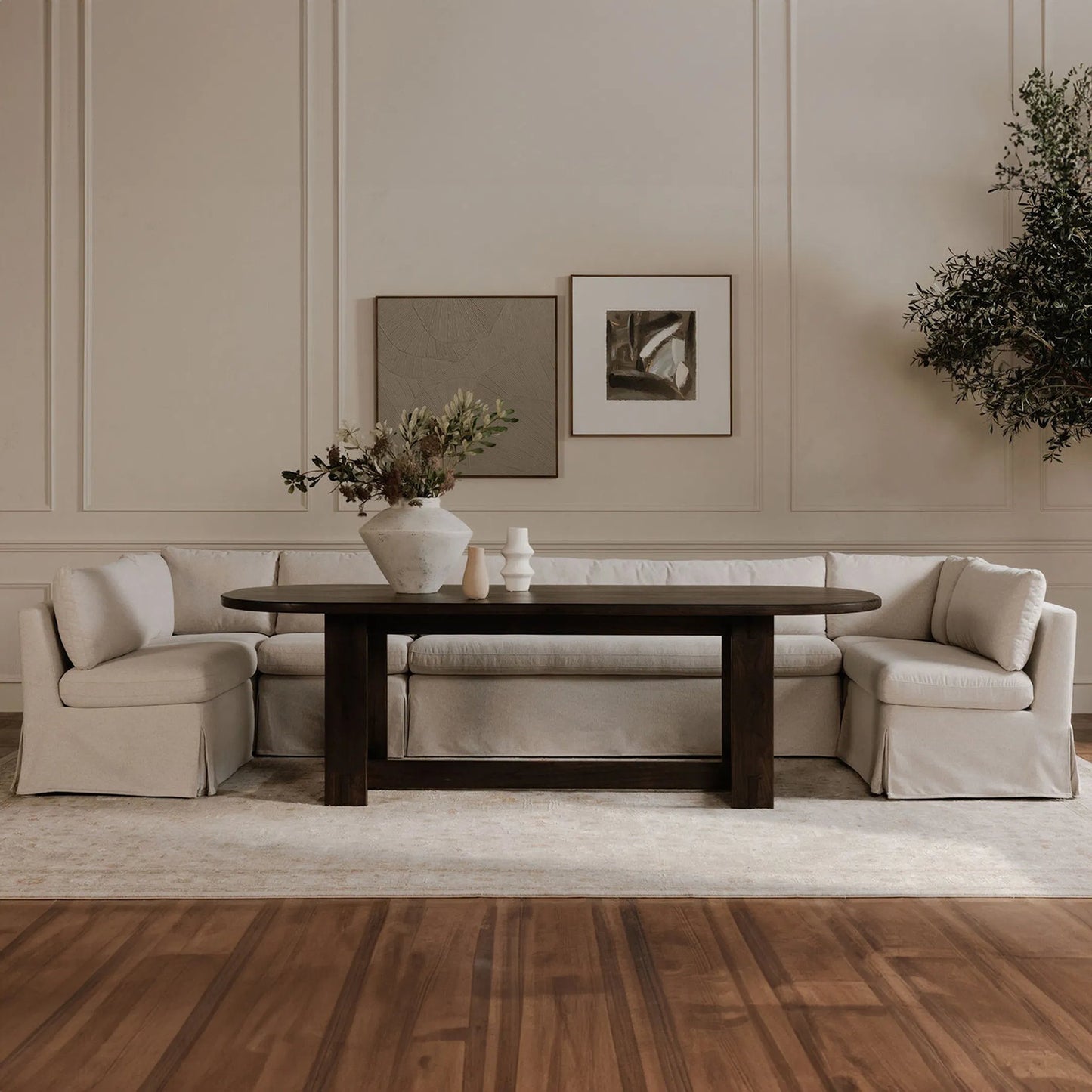 019 SI-2368021 | Lifestyle | Fable Slipcover Dining Banquette U Shape by Moe's Home Collection in beige. Made from upholstery: 100% polyester, foam, plywood in a transitional style.