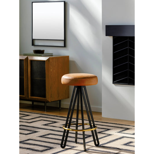 Oberon - 526109 by Surya in black, metallic brass, brown and powder coated, metallic. Made from upholstery: leather, base: steel, stainless steel, fill: 90% polyurethane foam, 10% polyester, polyfill in a transitional style.