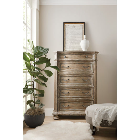 Castella Five Drawer Chest by Hooker Furniture in antique slate. Made from pecan, quartered hickory, quartered black walnut, quartered ash, maple, birch veneers with cedar drawer bottom, felt panel, solid-wood edge top in a tra