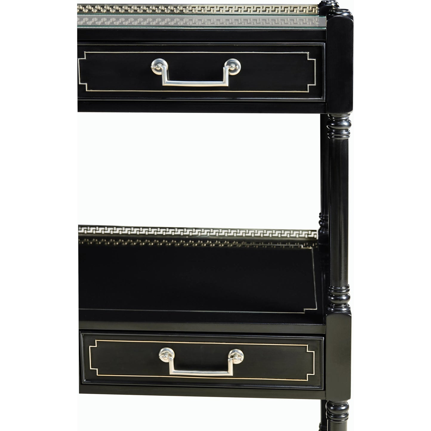 004 SI-2186362 | Closeup | Reimagined Flux Lacquer Etagere by Jonathan Charles in lacquered black. Made from acacia in a modern style.
