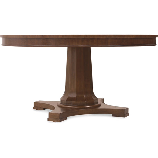 Archives Round Pedestal Dining Table by Hooker Furniture in dark wood and classic walnut. Made from figured quartered walnut veneer, solid wood edge top, resin center post in a transitional style.