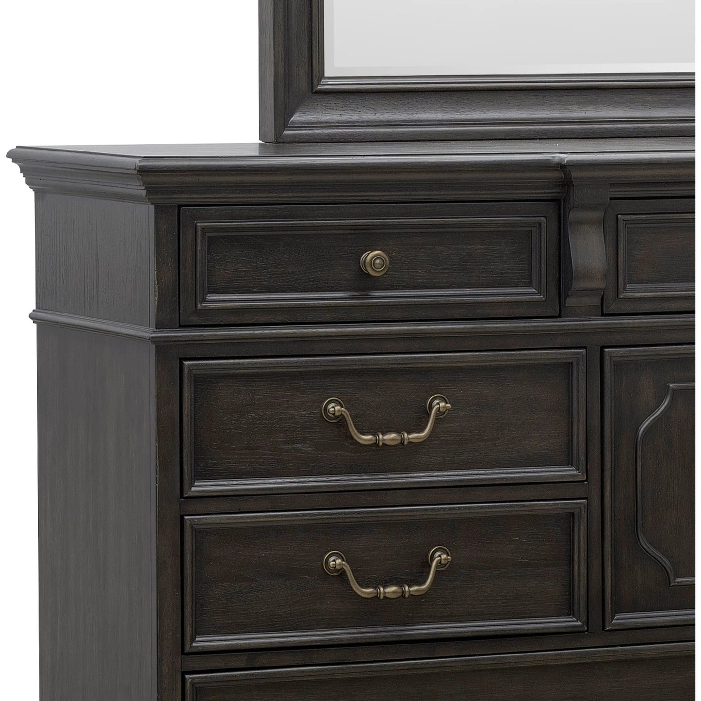 006 SI-2383570 | Closeup | Hickory Creek Dresser Mirror by Pulaski Furniture in brown velvet. Made from rubber wood, mirror in a unique style.