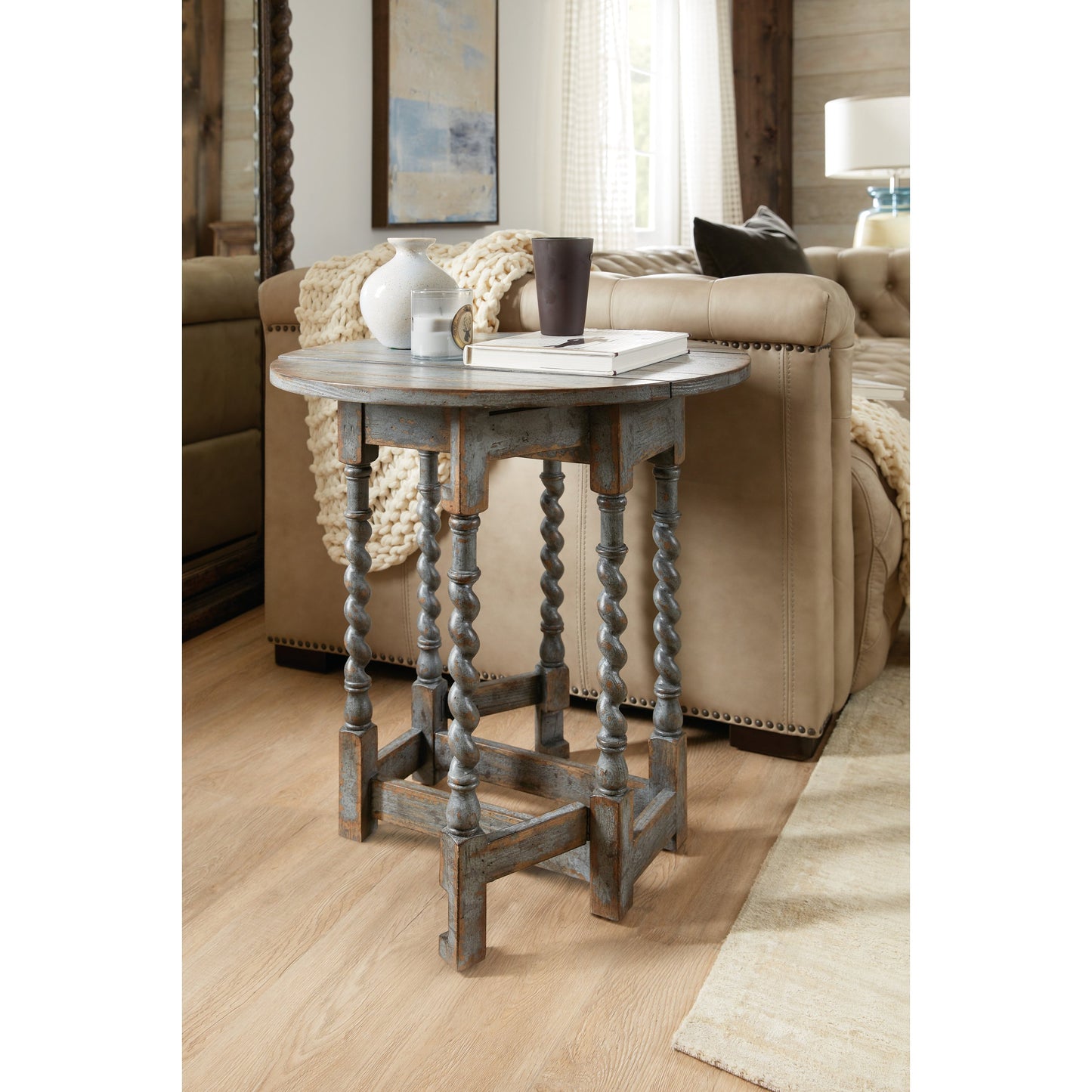 006 SI-1749062 | Lifestyle | La Grange Prause Gate Leg Round Table by Hooker Furniture in blue bonnet. Made from pecky hickory veneer, solid-wood edge top in a unique style.