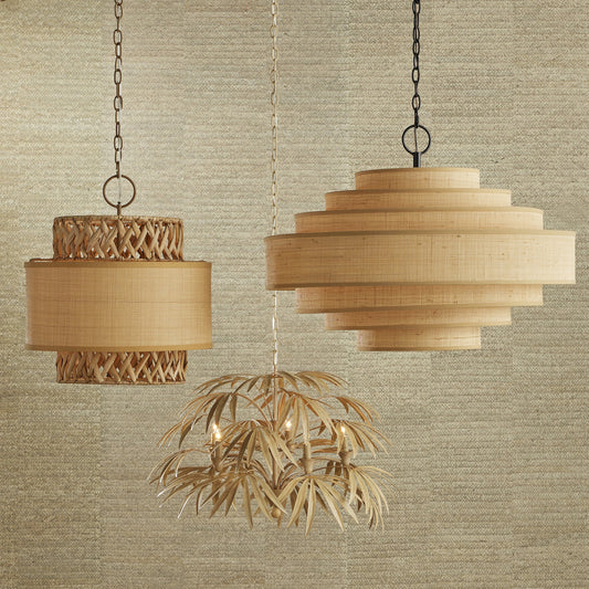 Maura Chandelier by Currey and Company in natural. Made from grass cloth, metal in a modern style.
