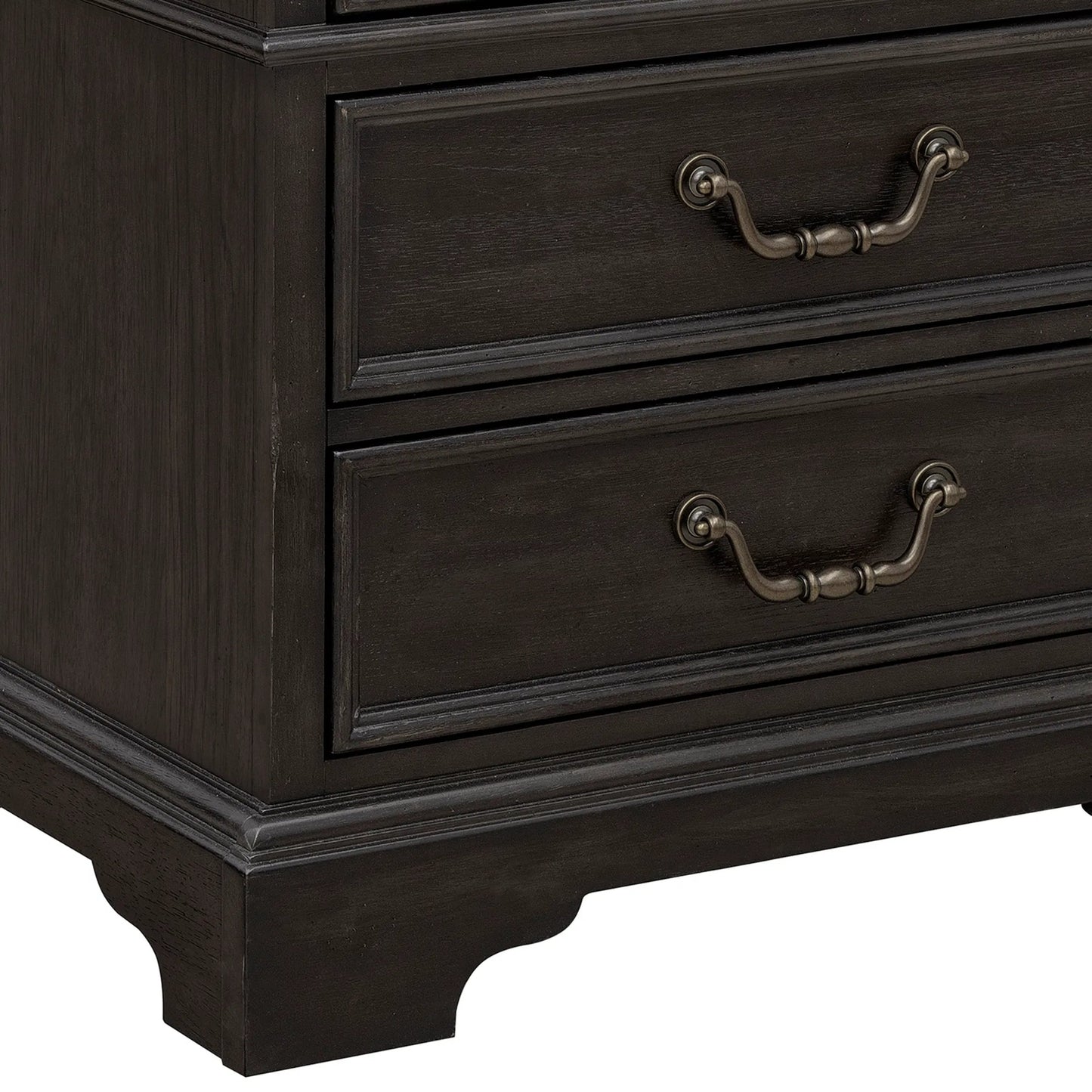 006 SI-2383573 | Closeup | Hickory Creek 3 Drawer Nightstand by Pulaski Furniture in brown velvet. Made from split heart cathedral hickory veneers in a unique style.