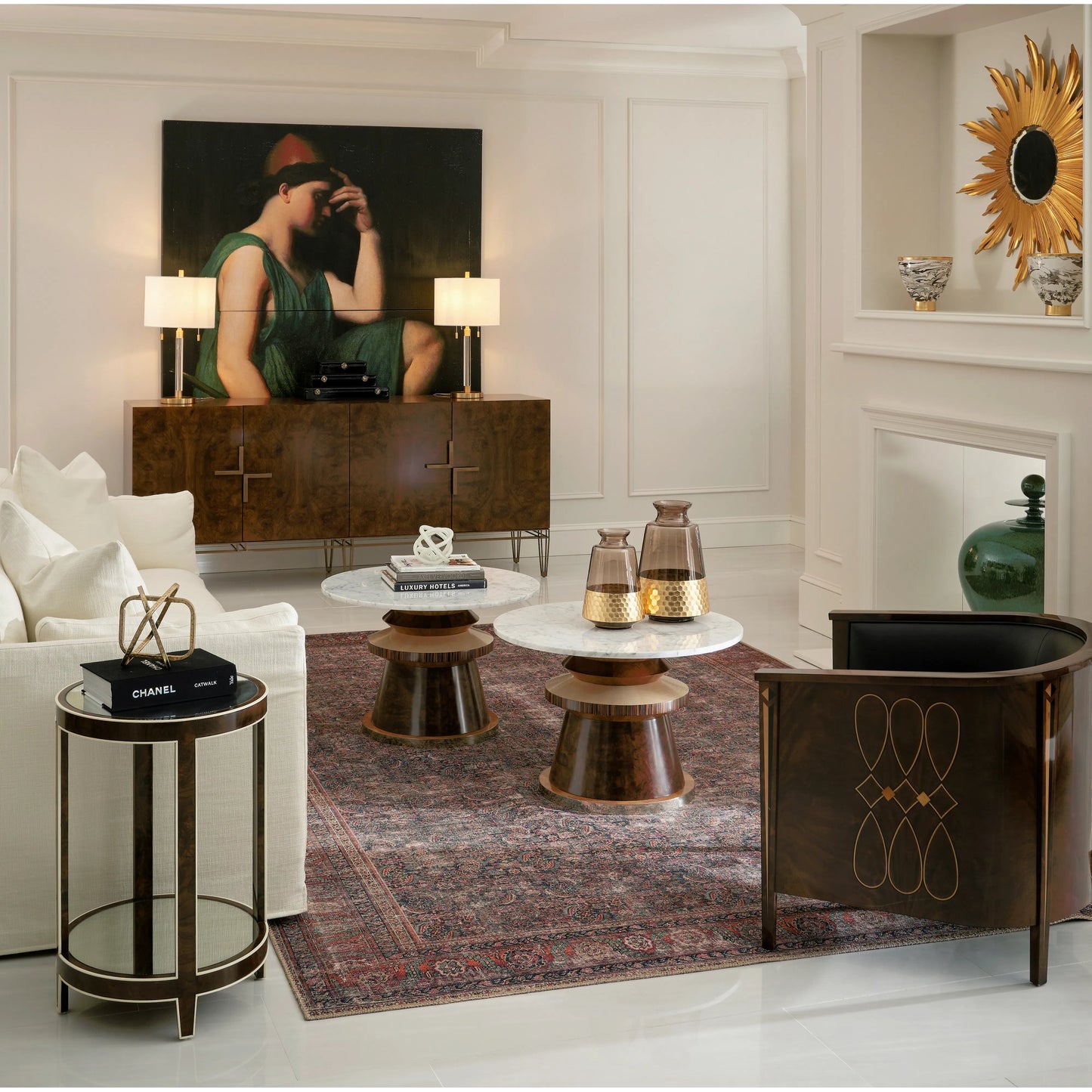 010 SI-2186358 | Lifestyle | Jacques Round End Table by Jonathan Charles in brown and medium brown mahogany. Made from mahogany veneers, faux bone, glass in a modern style.