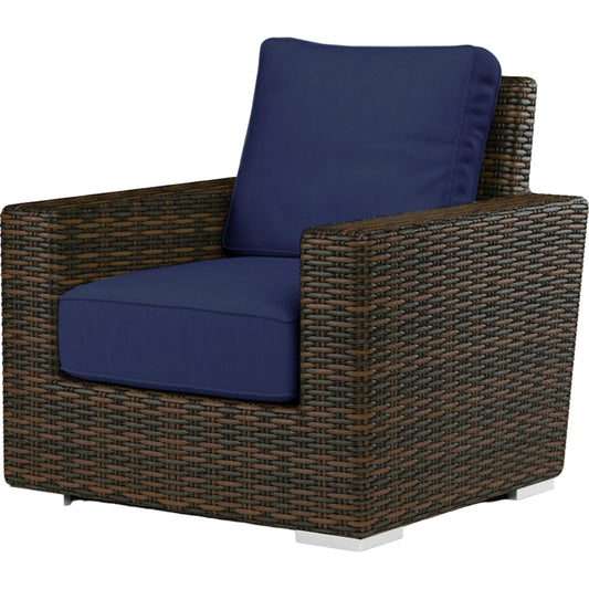 Montecito Outdoor Club Chair by Sunset West in cognac. Made from resin wicker in a modern style.