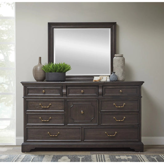 Hickory Creek 10 Drawer Dresser by Pulaski Furniture in brown velvet. Made from split heart cathedral hickory veneers in a traditional style.
