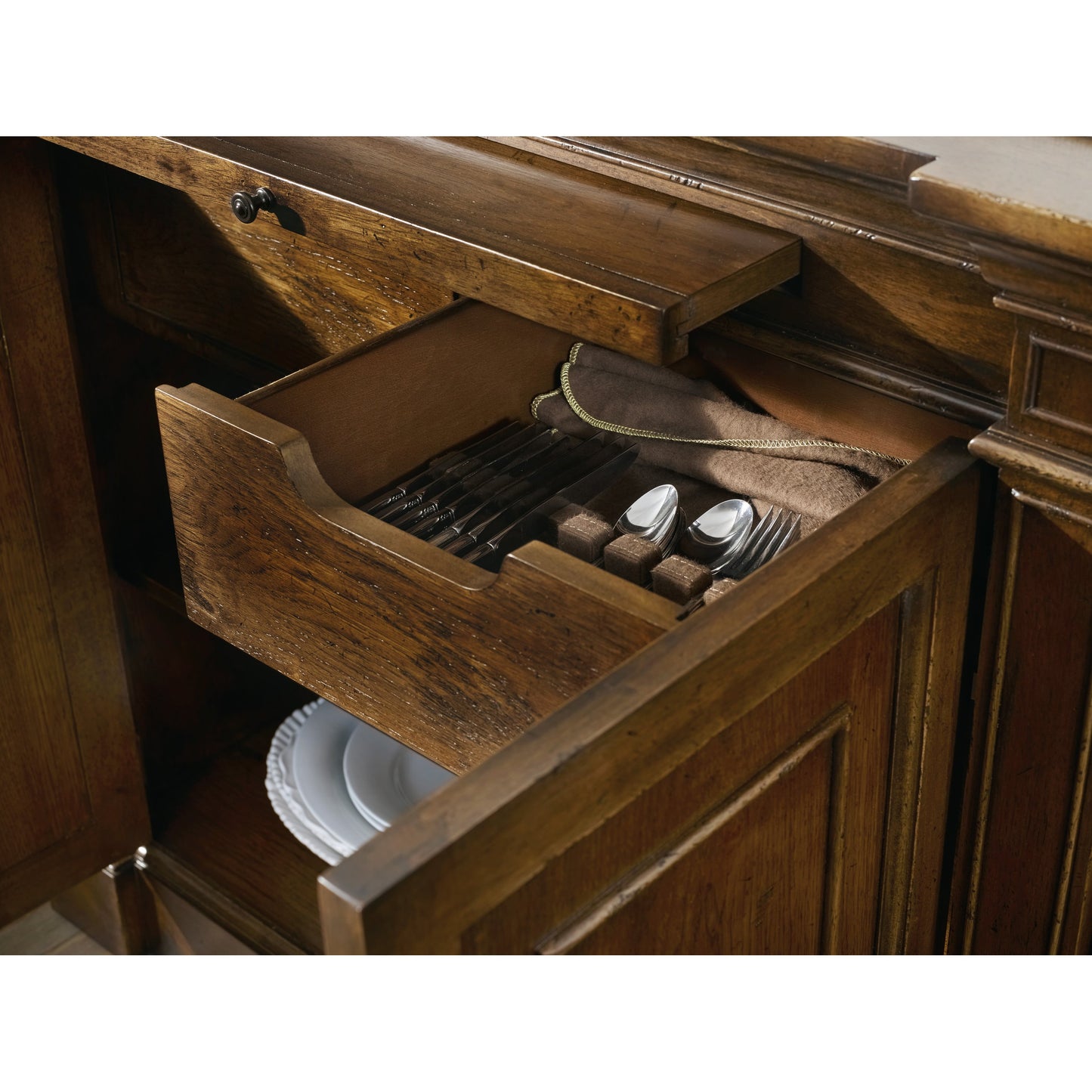 004 SI-1748338 | Lifestyle | Archivist Sideboard by Hooker Furniture in pecan. Made from pecky pecan veneers, blue stone in a traditional style.