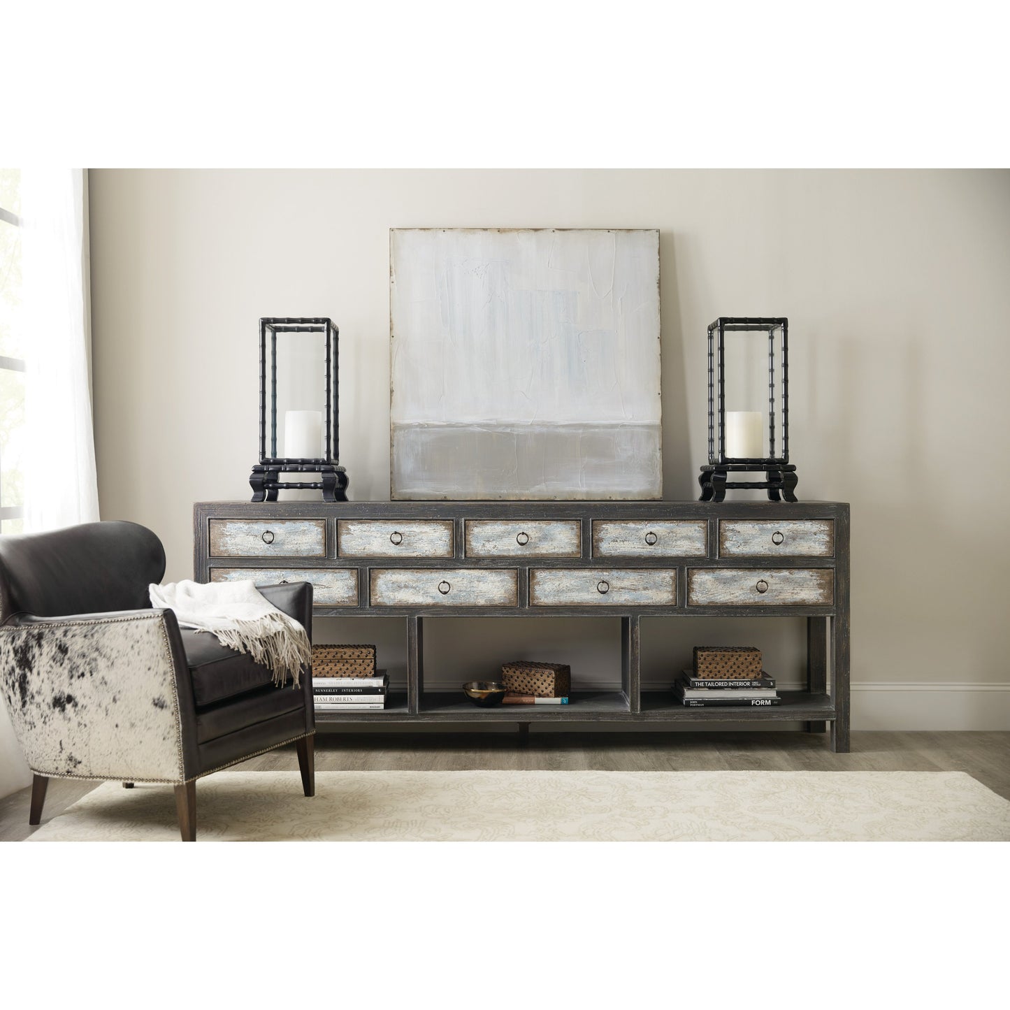 003 SI-1748362 | Lifestyle | Beaumont Console by Hooker Furniture in french press. Made from hardwoods in a rustic style.