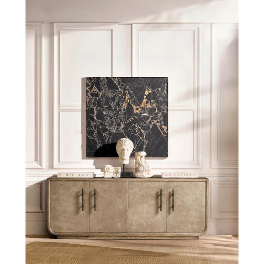 Stone Ridge Leather Credenza by Jonathan Charles in tully light acacia. Made from acacia in a transitional style.