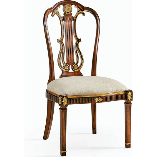 Buckingham Neo-Classical Gilded Lyre Back Dining Chair by Jonathan Charles in antique mahogany medium. Made from acacia in a traditional style.