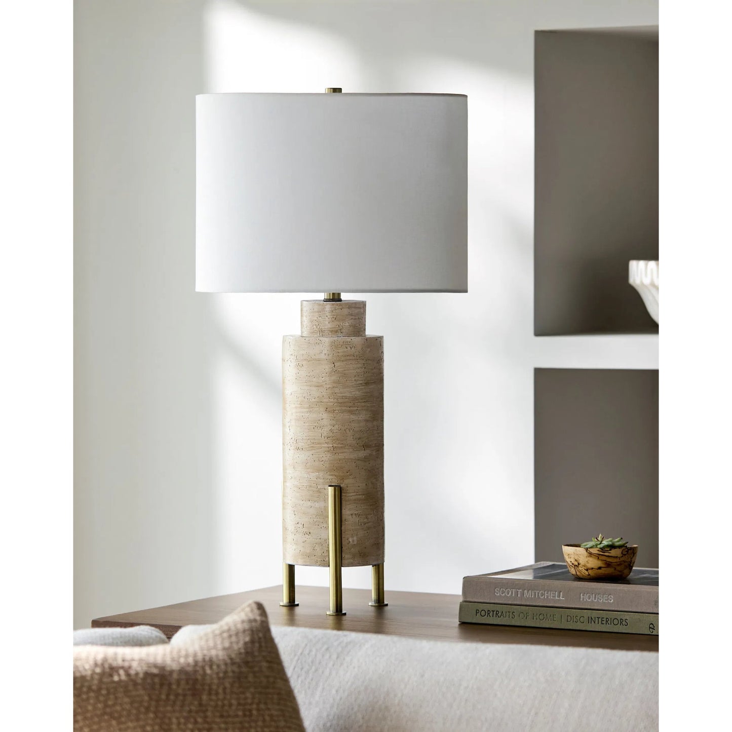 002 SI-2349561 | Lifestyle | Ongato Accent Table Lamp by Livabliss in body: beige, metallic - brass; shade: white; finial: metallic - brass; harp: metallic - nickel; cord: translucent and plated, painted. Made from cement, iron, linen, polyester in a trans