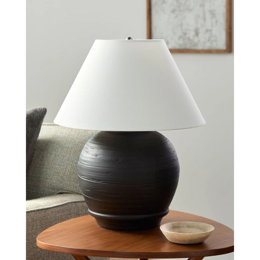 Onrus Accent Table Lamp by Livabliss in body: gray; shade: white; finial: metallic - nickel; harp: metallic - nickel; cord: translucent and hand finished. Made from ceramic, linen, polystyrene, iron in a modern style.