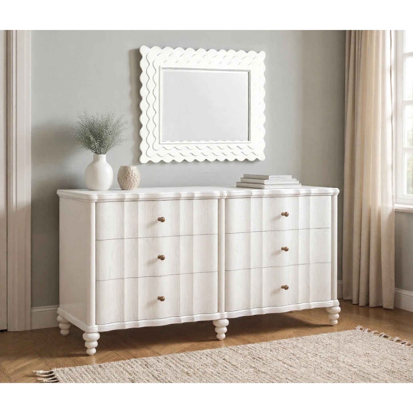 005 SI-2514189 | Lifestyle | Haven Mirror by A.R.T. Furniture in warm white. Made from parawood solids, oak veneer in a transitional style.