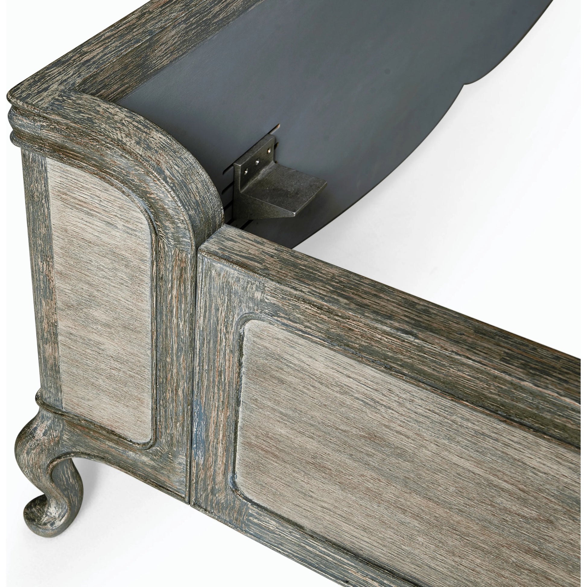 Arlingham King Shelter Bed by Jonathan Charles in blue and chipped blue oak. Made from oak solids, veneers in a modern style.