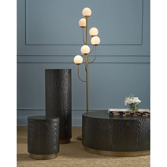 Farnsworth Floor Lamp by Currey and Company in brass. Made from wrought iron, glass in a modern style.