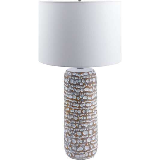 Oswego Table Lamp by Surya in translucent, brown, white, metallic nickel, metallic silver and painted. Made from body: resin, shade (outside): linen, shade (inside): linen, finial: metal in a modern style.