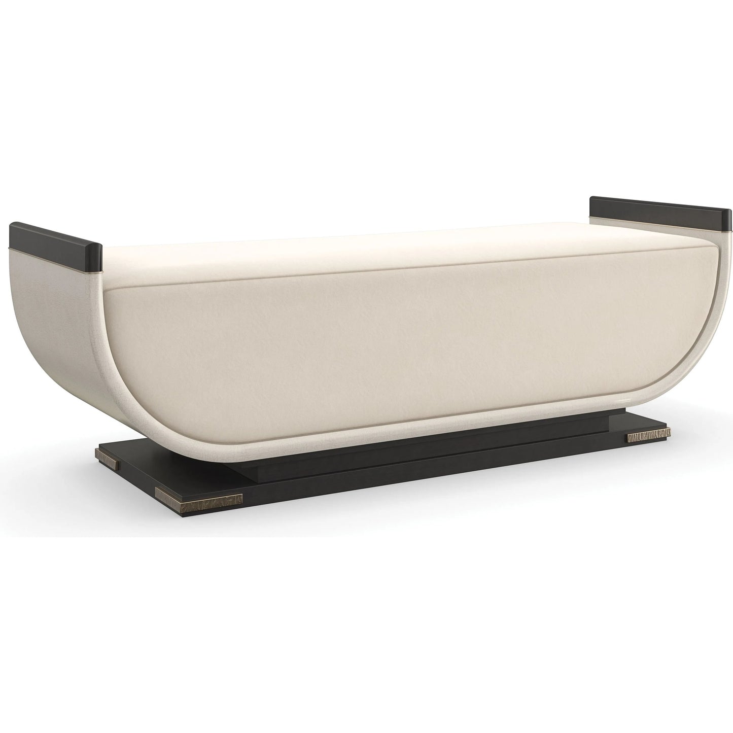 002 SI-2162872 | Primary Silo | Crete End of Bed Bench by Caracole in ivory, gold and charred bark, brushed gold paint, ivory craze. Made from poplar, dyed makore in a unique style.