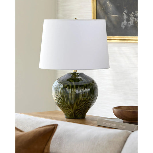 Otaki Accent Table Lamp by Surya in white, translucent, metallic gold, navy. Made from ceramic, linen, polyester, iron in a modern style.