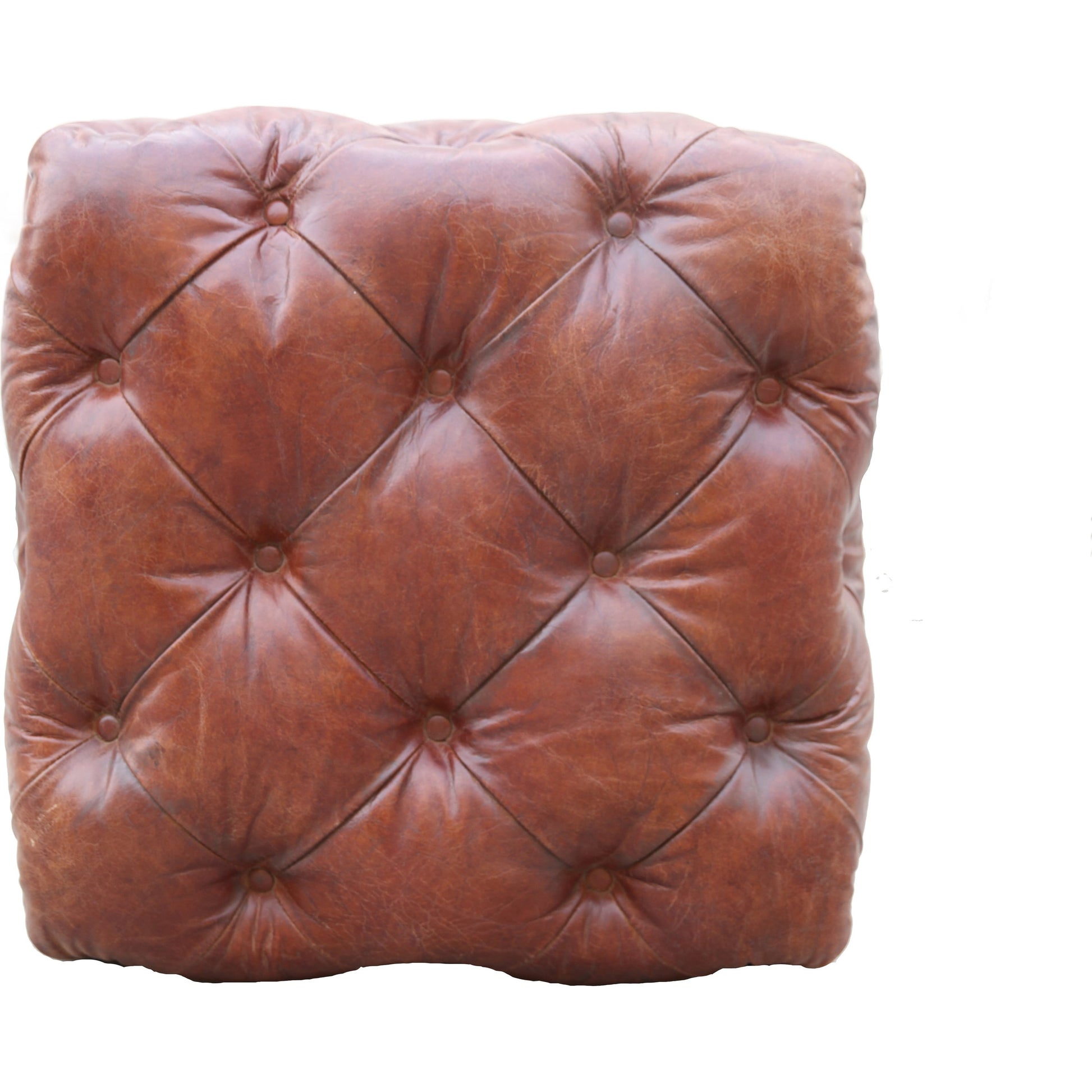 Paris Club Ottoman by Pasargad Home in brown. Made from leather in a rustic style.