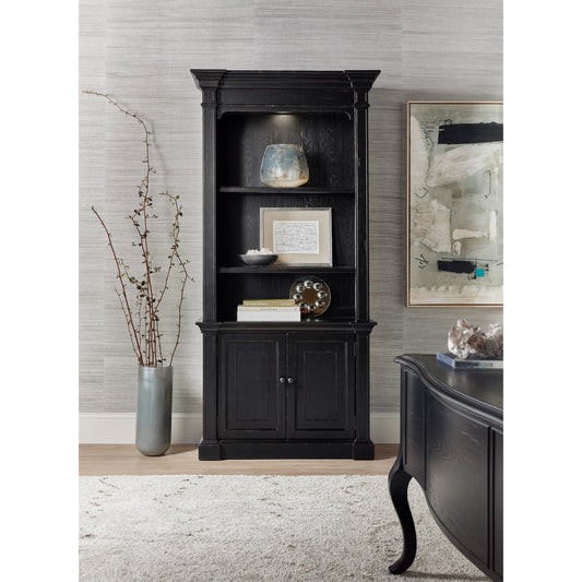 Bristowe Bookcase by Hooker Furniture in tuxedo black. Made from pecan veneers in a modern style.