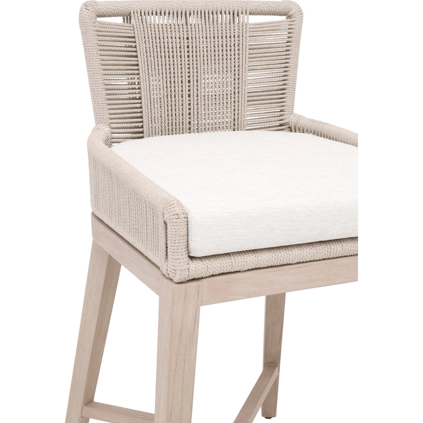 003 SI-2374655 | Closeup | Overlay Outdoor Counter Stool by Essentials For Living in oyster twist rope, performance white speckle, washed ever teak. Made from solid teak wood, aluminum in a transitional style.
