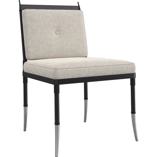 Athena Side Chair by Caracole in linen, gold and graphite, brushed gold. Made from metal in a transitional style.