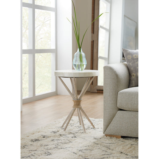 Amani Accent Table by Hooker Furniture in buff almond. Made from beech solids with capiz shell, rope in a coastal style.