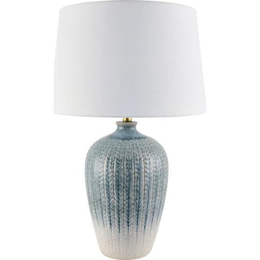 Owaka Accent Table Lamp by Surya in blue, white, translucent, metallic gold. Made from ceramic, iron, linen, polyester in a modern style.