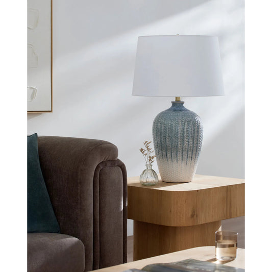 Owaka Accent Table Lamp by Surya in blue, white, translucent, metallic gold. Made from ceramic, iron, linen, polyester in a modern style.
