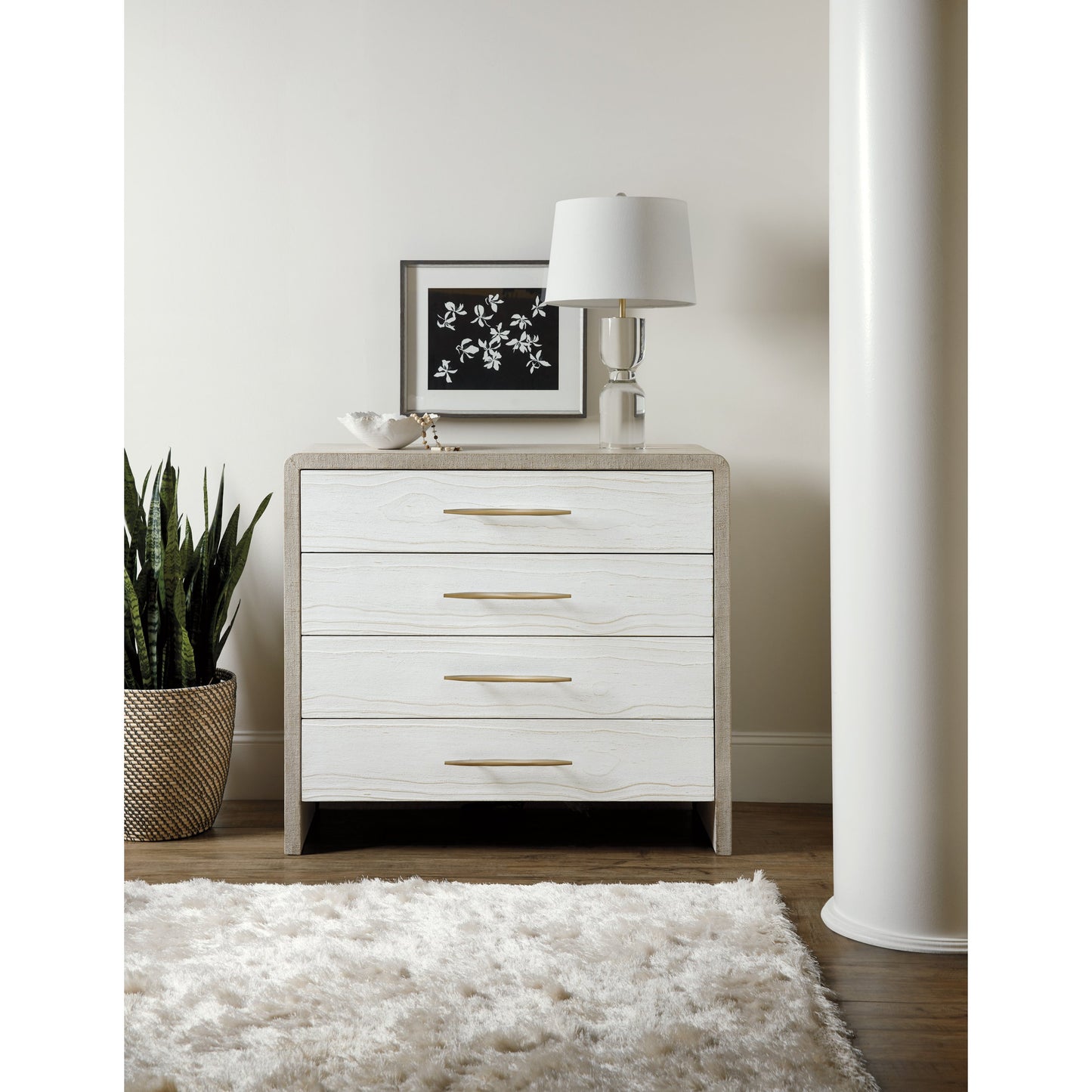 003 SI-1748539 | Lifestyle | Cascade Bachelor Chest by Hooker Furniture in pebble beach, chalk. Made from cast resin drawer fronts, burlap in a cottage & farmhouse style.