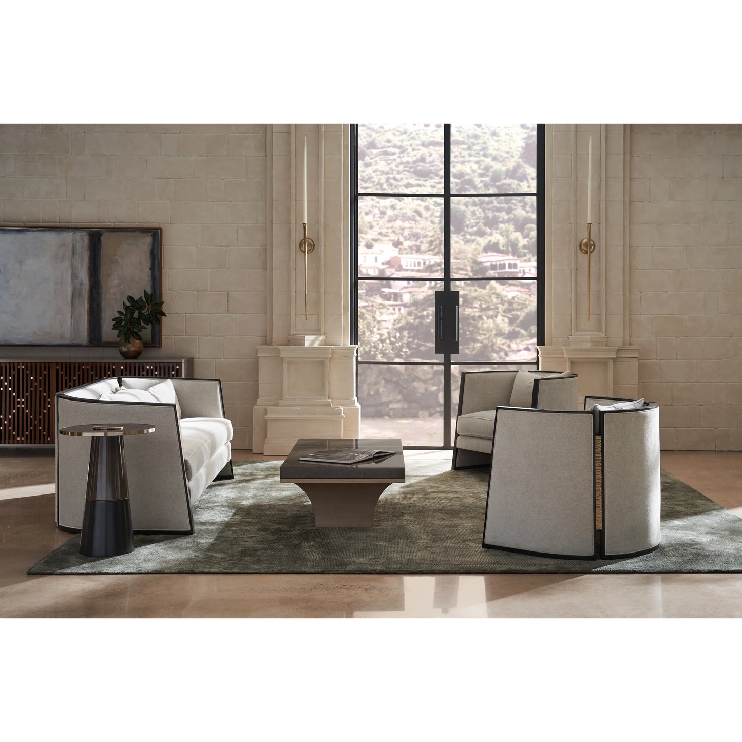007 SI-2193911 | Lifestyle | Cut Away Sofa by Caracole in seal skin, brushed gold. Made from birch in a unique style.
