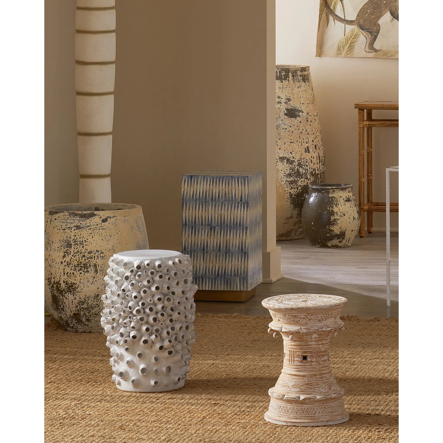015 SI-2007821 | Lifestyle | Nadene Accent Table by Currey and Company in blue, white, brushed brass. Made from bone, brass in a coastal style.