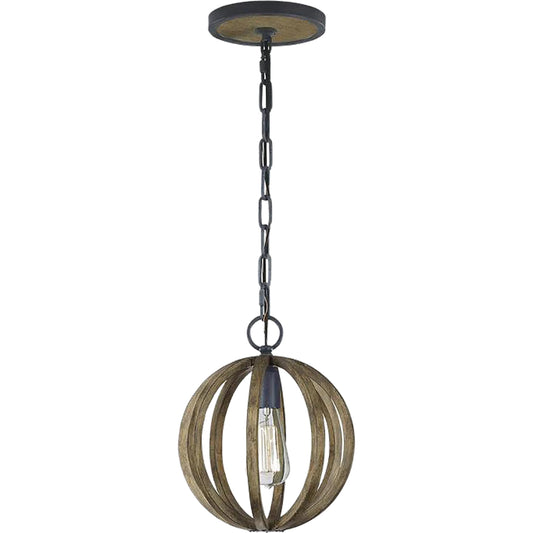 Allier Mini Pendant by Generation Lighting in weathered oak wood, antique forged iron. Made from steel in a cottage & farmhouse style.