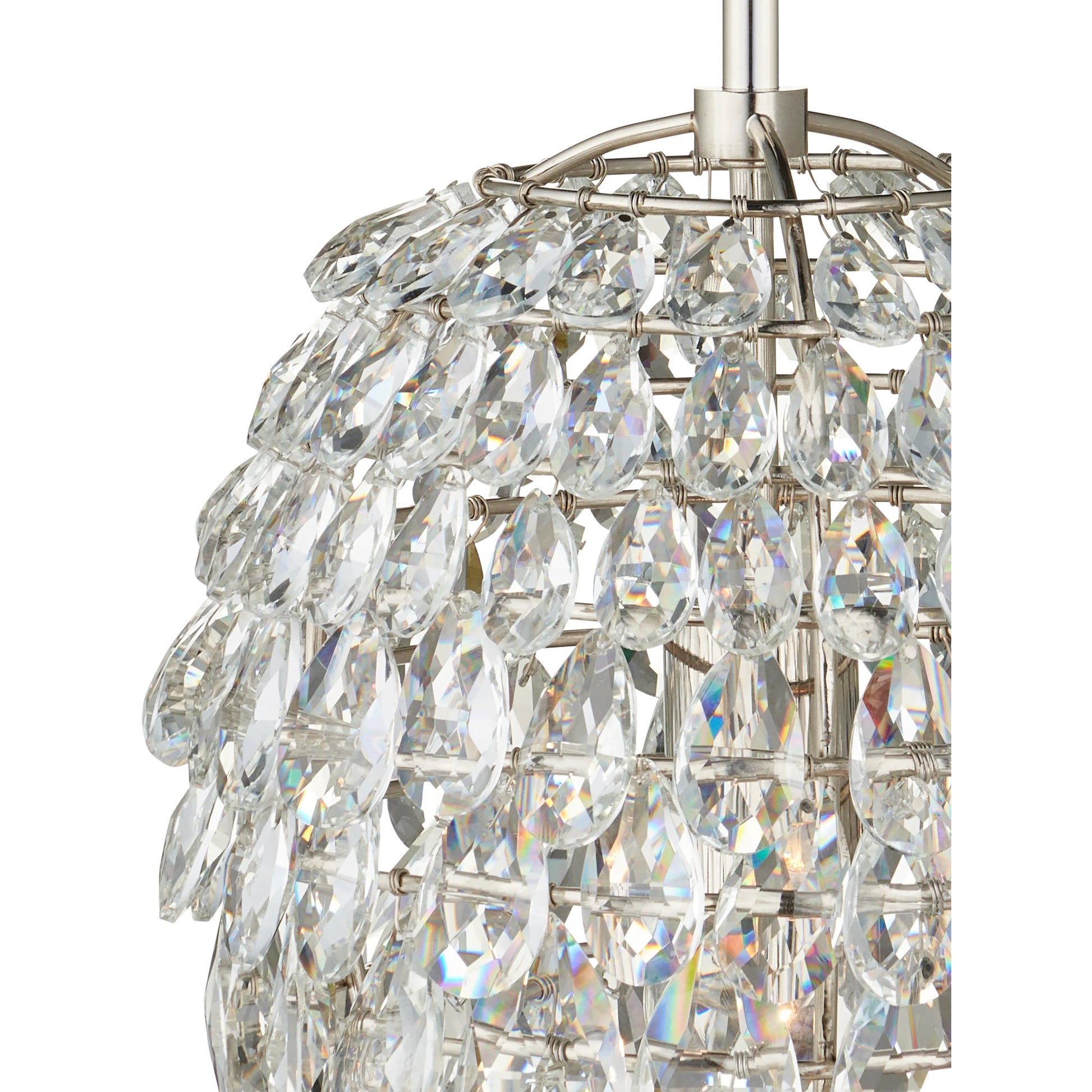 Aisling Pendant by Currey and Company in polished nickel. Made from optical crystal, metal in a transitional style.