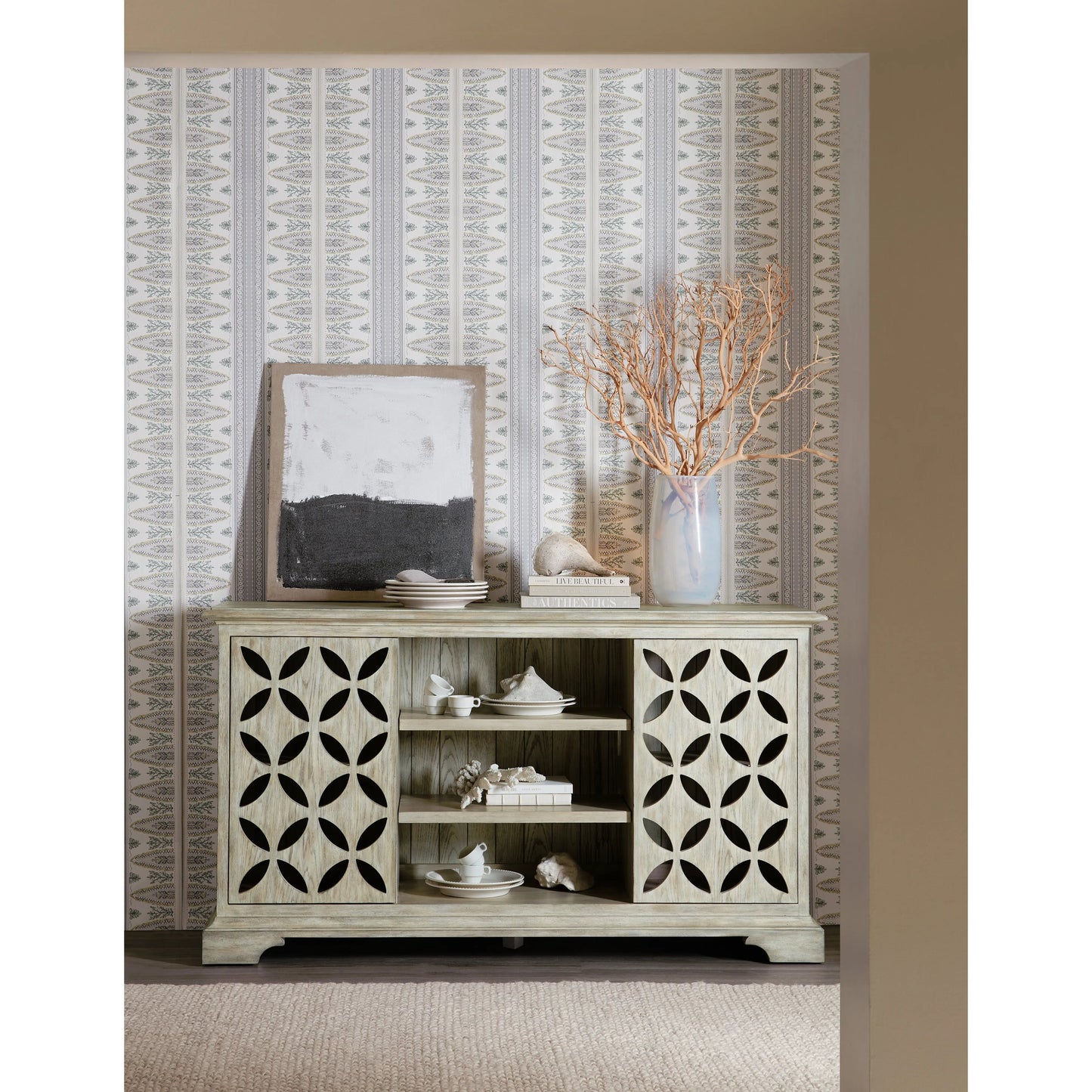 005 SI-2185846 | Lifestyle | Commerce & Market Underhill Entertainment Console by Hooker Furniture in light wood and light gray finish. Made from oak veneers in a modern style.