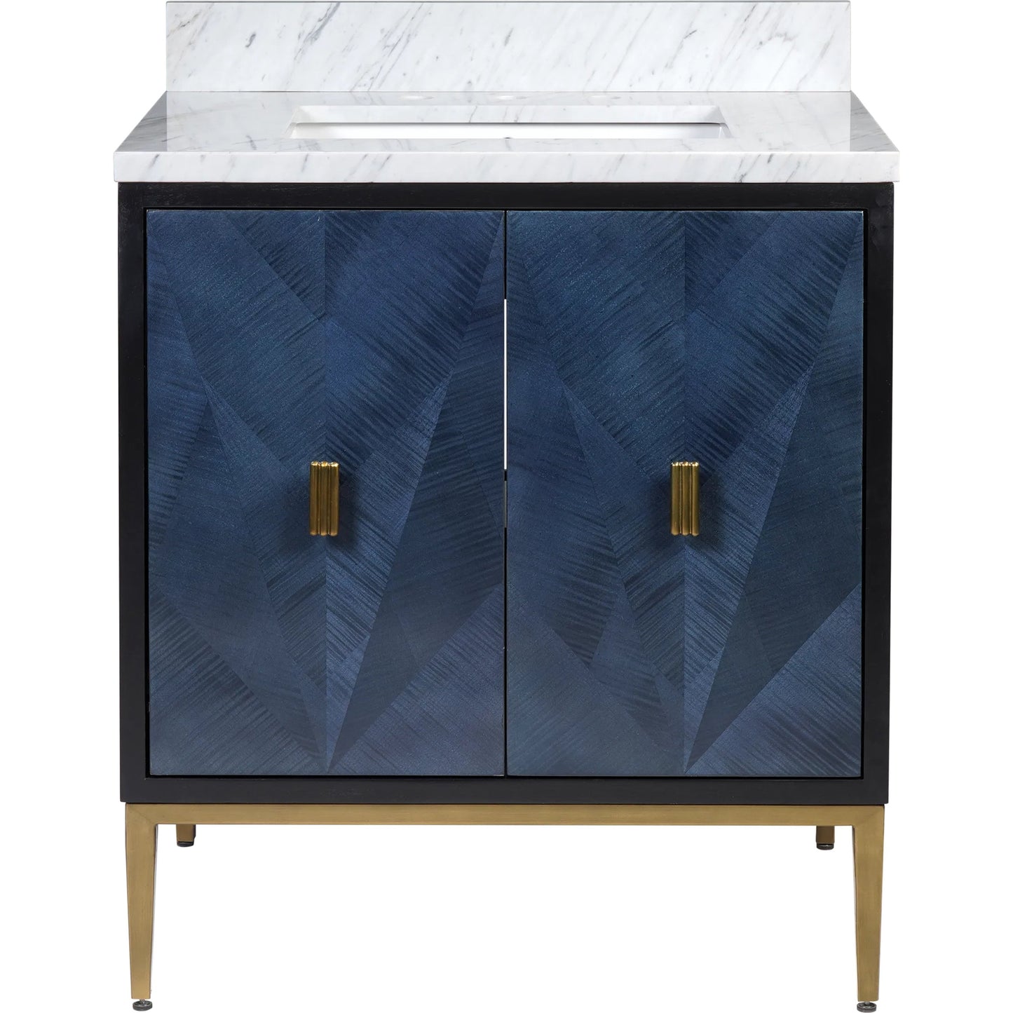 003 SI-2257280 | Additional Silo | Kallista 30" Blue Vanity with Undermount Sink by Currey and Company in dark sapphire, caviar black, natural, white, antique brass. Made from sycamore veneer, mahogany veneer, carrera marble, vitreous china, iron, brass in