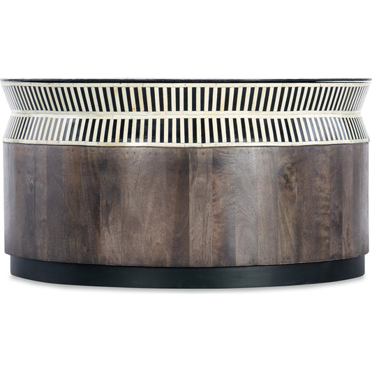 Commerce and Market Jacobs Ladder Cocktail Table by Hooker Furniture in dark wood, bone inlay. Made from mango solids, bone, iron in a modern style.