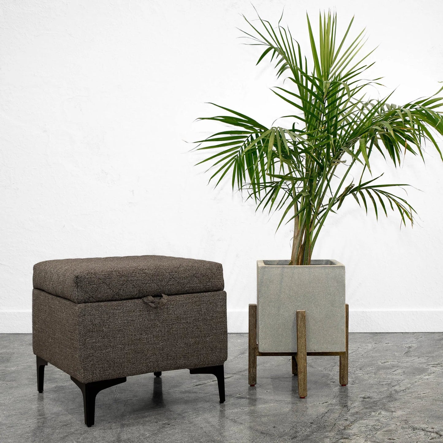 007 SI-2004376 | Lifestyle | Patio Square Standing Pot by LH Imports in natural stone and distressed brown. Made from acacia, ficonstone natural in a modern style.