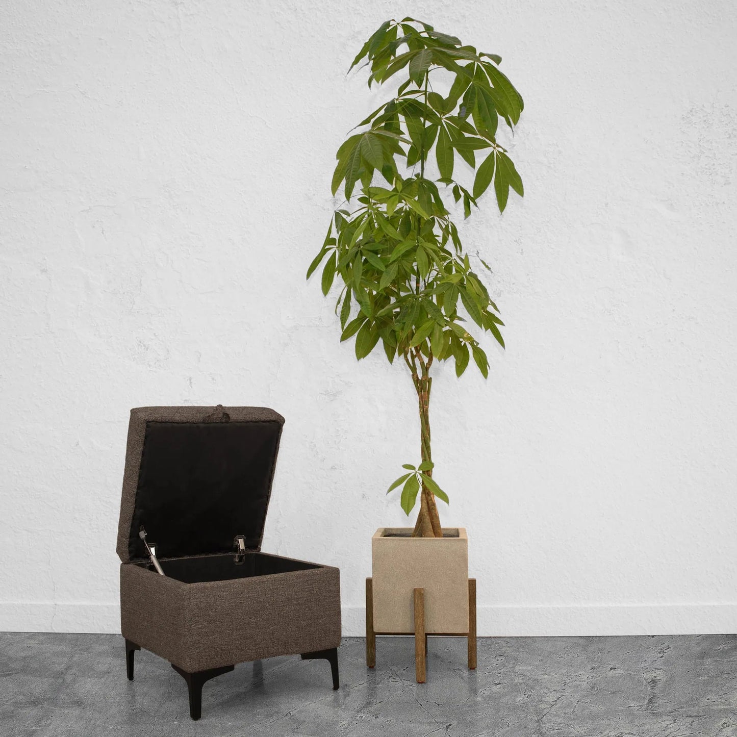 010 SI-2004376 | Lifestyle | Patio Square Standing Pot by LH Imports in natural stone and distressed brown. Made from acacia, ficonstone natural in a modern style.