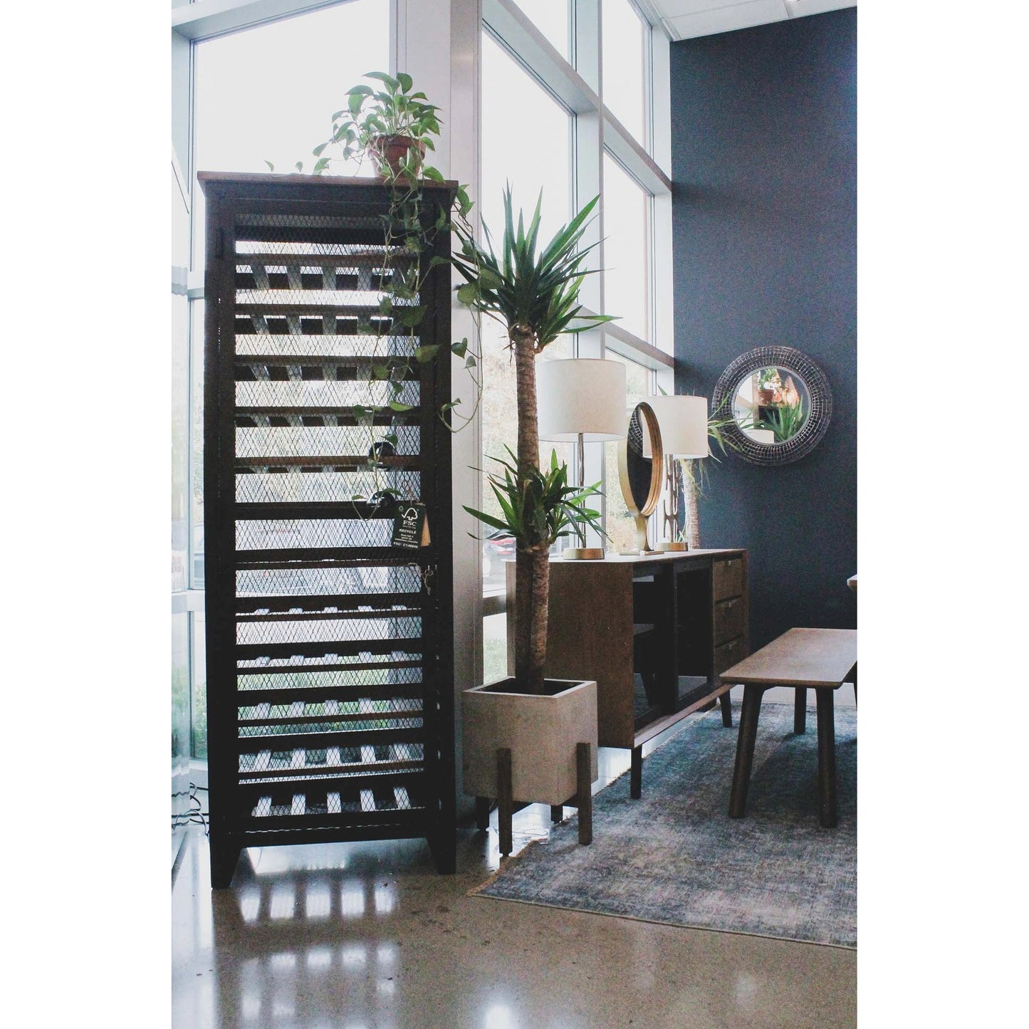 003 SI-2004376 | Lifestyle | Patio Square Standing Pot by LH Imports in natural stone and distressed brown. Made from acacia, ficonstone natural in a modern style.