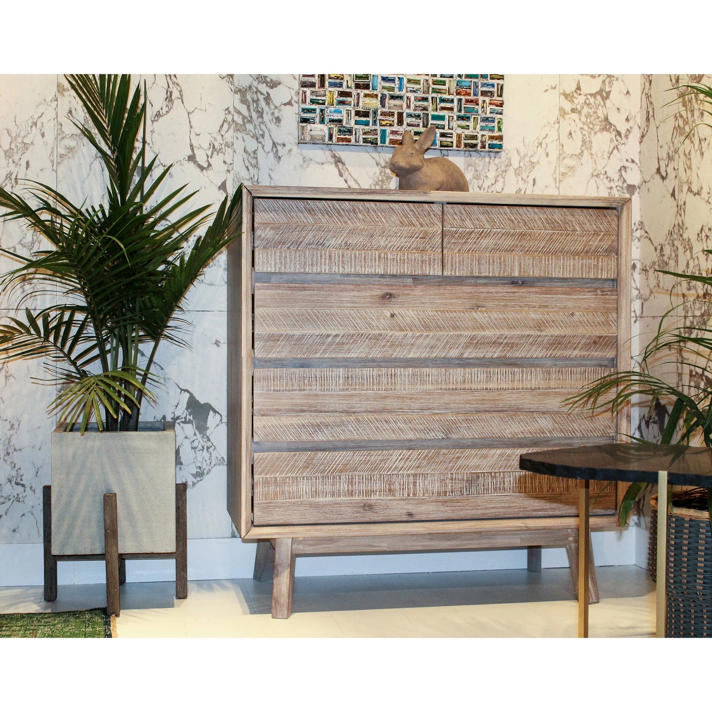 004 SI-2004376 | Lifestyle | Patio Square Standing Pot by LH Imports in natural stone and distressed brown. Made from acacia, ficonstone natural in a modern style.